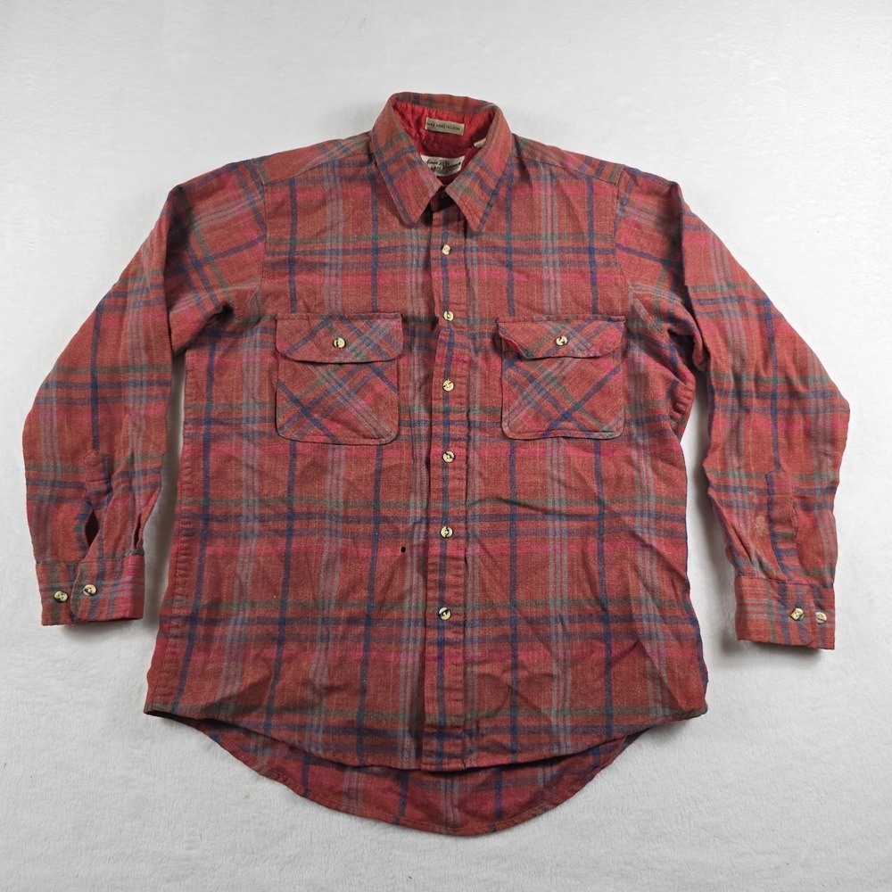 Vintage Sears Roebuck Plaid Shirt Mens Large L Long Sleeve Wool Blend Pink Red